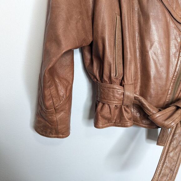 Wilsons Leather Adventure Bound Brown Leather Tie Waist Moto Jacket Pockets L - Picture 9 of 12